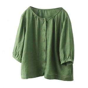 Áo sơ mi linen ngắn tay cổ tròn vạt bo - A820