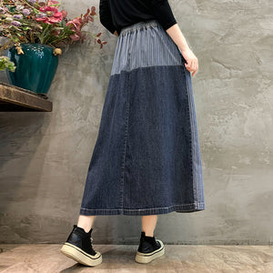 Chân váy denim retro lưng thun dây rút kẻ sọc caro - NU9762