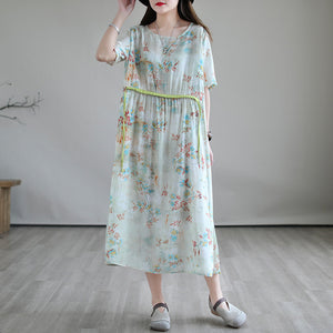 Đầm liền linen ngắn tay cổ tròn eo kiểu thắt dây - D047