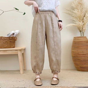 Quần baggy linen lưng thun ống côn thêu hoa lá - NU10248