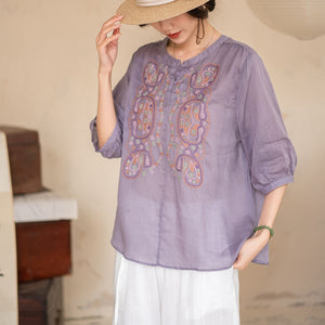 Áo sơ mi linen ngắn tay cổ tròn thêu retro hai khuy - NU10062