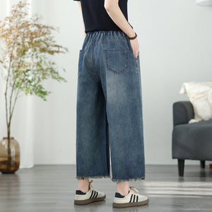 Quần baggy denim lửng lưng thun thêu chiếc ô - Q155