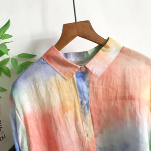 Áo sơ mi linen dài tay cổ đức sắc cầu vồng - A978