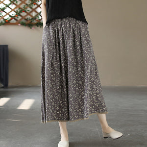 Chân váy linen lưng thun in hoa liti vạt đính ren - NU10127