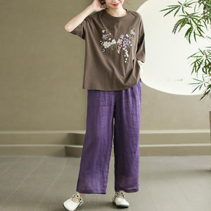 Áo T-shirt ngắn tay cổ tròn thêu hoa lá - NU10370