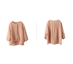 Áo sơ mi linen tay lửng cổ tròn kiểu phối khuy tròn - A946