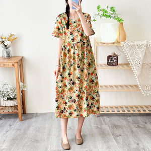 Đầm liền linen ngắn tay cổ tròn chiết eo xếp ly in hoa văn trừu tượng - NU8800