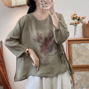 Áo sơ mi linen tay lửng cổ tròn in hoa lá thắt dây - NU10085