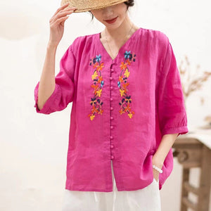 Áo sơ mi linen ngắn tay cổ V thêu hoa lá khuy tròn - NU10059