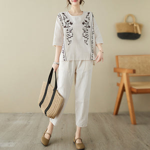 Áo T-shirt linen ngắn tay cổ tròn thêu đối xứng - NU9093