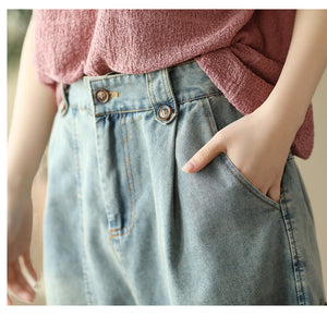 Quần sooc denim lưng thun form rộng một túi sau - NU8851