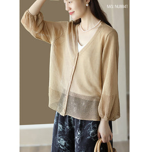 Áo khoác linen cardigan dệt kim dài tay cổ V - NU8837