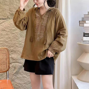 Áo hoodies sơ mi linen dài tay thêu hoa văn retro đối xứng - NU9740