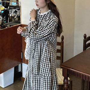 Đầm liền linen Morigirl dài tay cổ tròn kẻ caro - D040