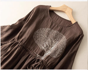 Đầm liền linen ngắn tay cổ tròn thêu cây đa eo thắt dây - NU8970