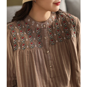 Áo sơ mi linen dài tay cổ đứng thêu retro kẻ sọc - A740