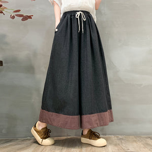 Quần baggy denim lưng thun ống rộng phối caro - Q129