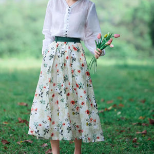 Chân váy linen retro lưng cao in hoa lá hai túi chéo - NU9047