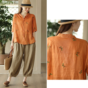 Áo sơ mi linen ngắn tay cổ đức thêu ren hoa lá - NU10058