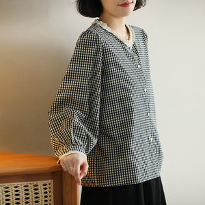 Áo sơ mi linen dài tay cổ tròn ren kẻ caro - NU10070