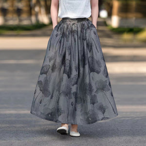 Chân váy linen lưng thun in hoa màu nước - NU9899