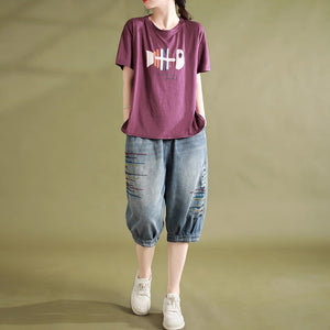Quần baggy lửng denim lưng thun thêu những vạch màu - NU8902