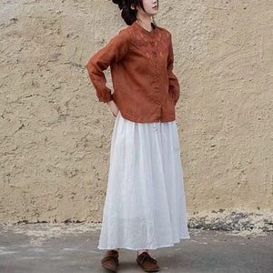 Áo sơ mi linen dài tay cổ đứng thêu hoa lá trái tim - A711