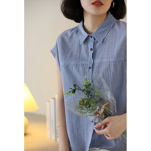 Áo sơ mi linen sát nách cổ đức kẻ sọc - NU10247