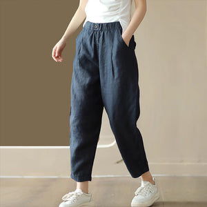 Quần baggy linen lưng thun hai túi chéo khuy cài - NU9065