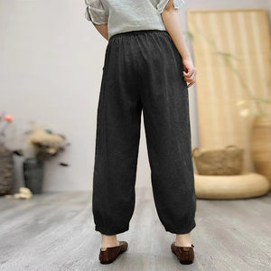 Quần baggy linen lưng thun ống túm thêu hoa lá - NU9830