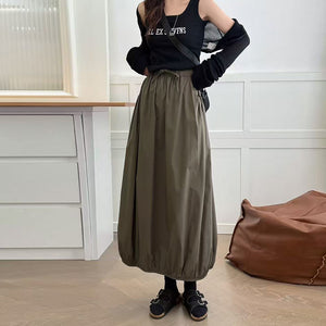 Chân váy linen lưng thun dây rút kiểu alibaba - V083