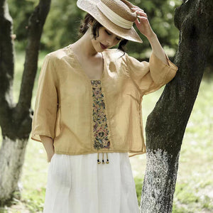 Áo sơ mi linen ngắn tay cổ V thêu hoa văn retro tua rua - NU9920