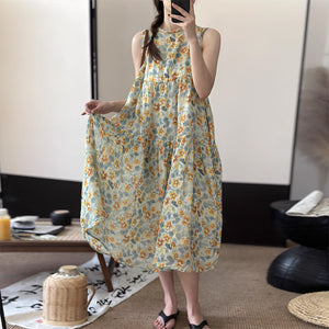 Đầm liền linen sát nách cổ tròn in hoa lá - NU8967