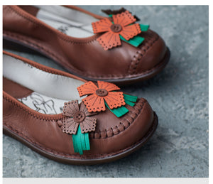 Giày da morigirl retro đế bằng đính hai hoa - OD2274