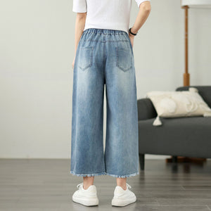 Quần baggy denim lửng lưng thun ống đứng thêu hoa mùa xuân - Q254