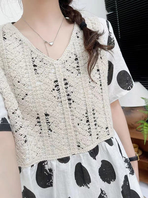 Đầm liền linen ngắn tay cổ V chấm bi đan móc - NU10145