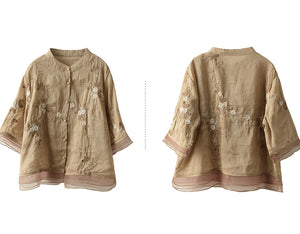 Áo sơ mi organza ngắn tay cổ tròn thêu hoa lá - A010