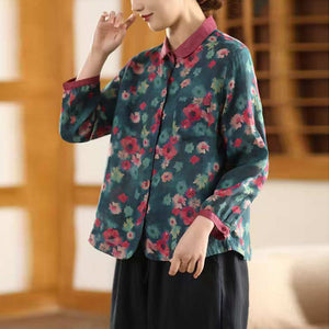 Áo sơ mi linen tay lửng cổ pipi in hoa lá - A681