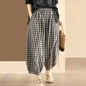 Quần baggy linen lưng thun kẻ caro gấu bo chun - Q209