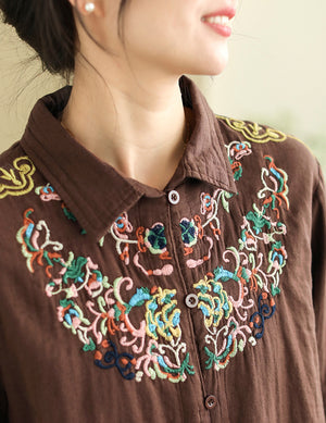 Áo sơ mi linen dài tay cổ đức thêu hoa văn retro - NU9739