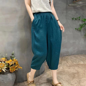 Quần baggy linen lửng lưng thun hai túi chéo chỉ nổi - NU8932
