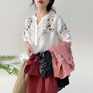 Áo sơ mi linen ngắn tay cổ V thêu hoa lá đối xứng - NU10157