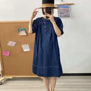 Đầm liền denim ngắn tay xòe cổ tròn khuy cài - NU10374