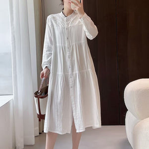 Đầm liền linen dài tay cổ đứng thêu hoa kiểu sơ mi - D032