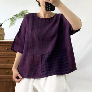 Áo T-shirt linen ngắn tay cổ tròn phối caro - NU9865