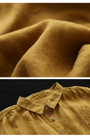 Áo sơ mi linen dài tay cổ đức thêu khuy sắc màu - NU9803