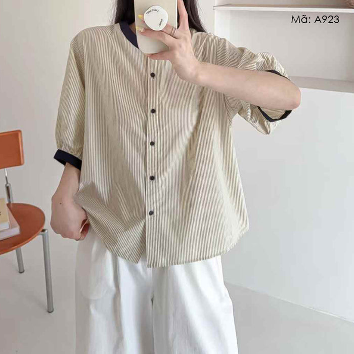 Áo sơ mi ngắn tay kiểu bồng cổ tròn bo viền - A923