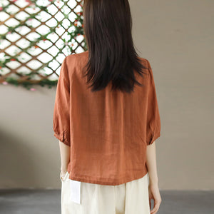 Áo sơ mi linen ngắn tay cổ tròn vạt bo - NU9844
