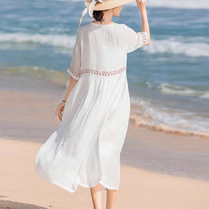 Đầm liền linen retro ngắn tay cổ tròn thêu đường viền - NU9045