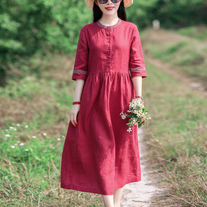 Đầm liền linen dài tay cổ tròn viền in hoa retro - NU9547
